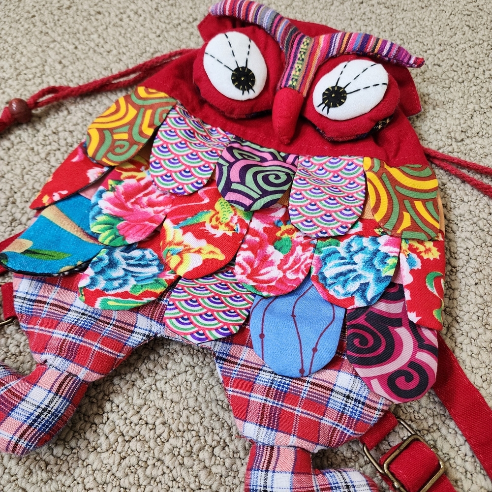​Handmade Patchwork Owl Mini Backpack Drawstring Boho Kidcore Red OS